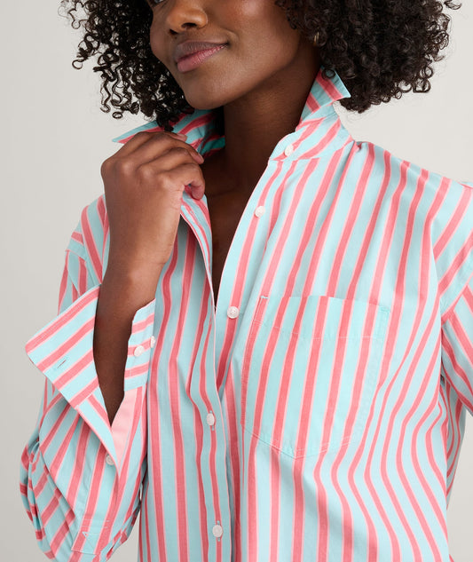 blue pink and red stripe shirt, side view
