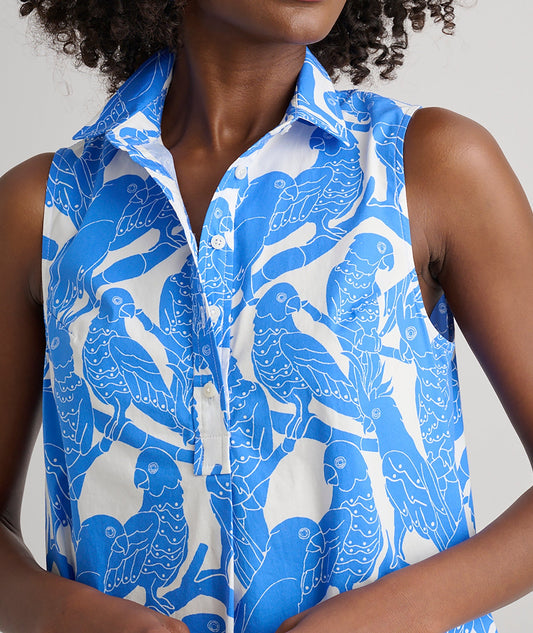 blue printed cotton dress, side view