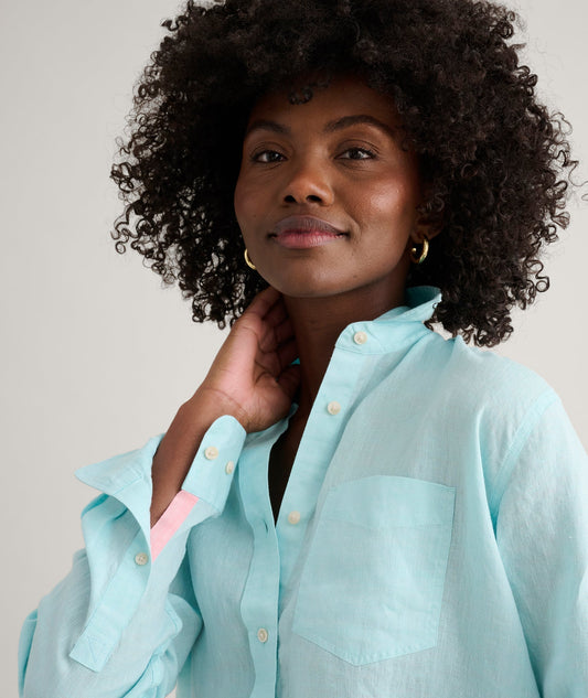 blue relaxed linen shirt, side view