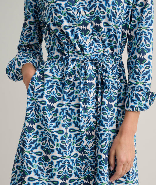 blue tailored shirtdress, side view