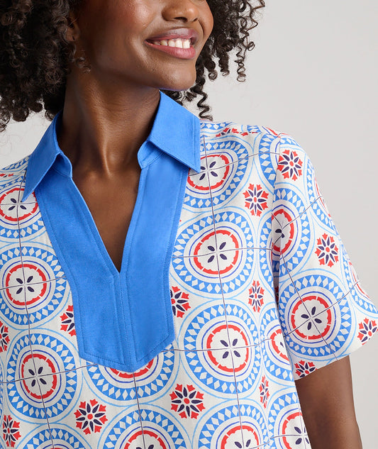collared tile print dress, side view