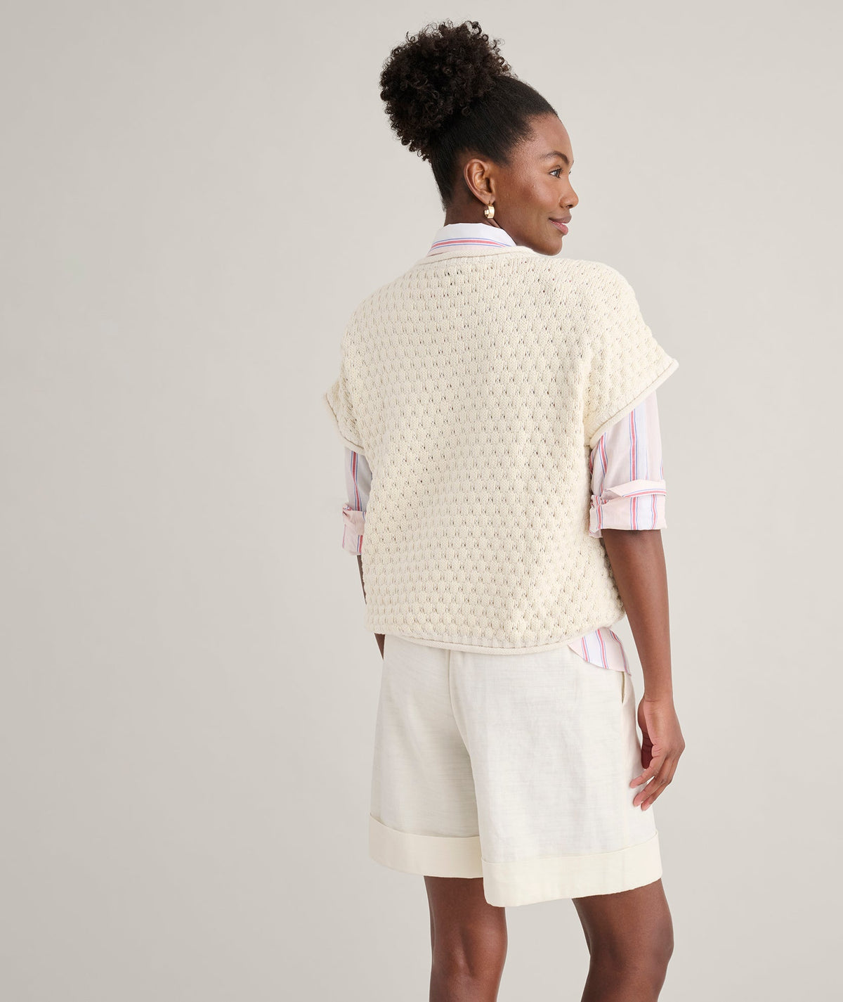 cream open knit sweater, back view