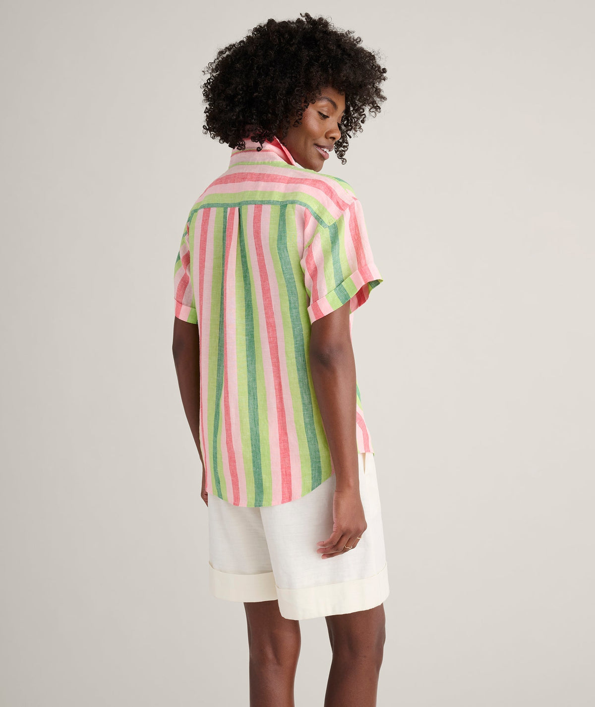 green multicolor stripe shirt, back view