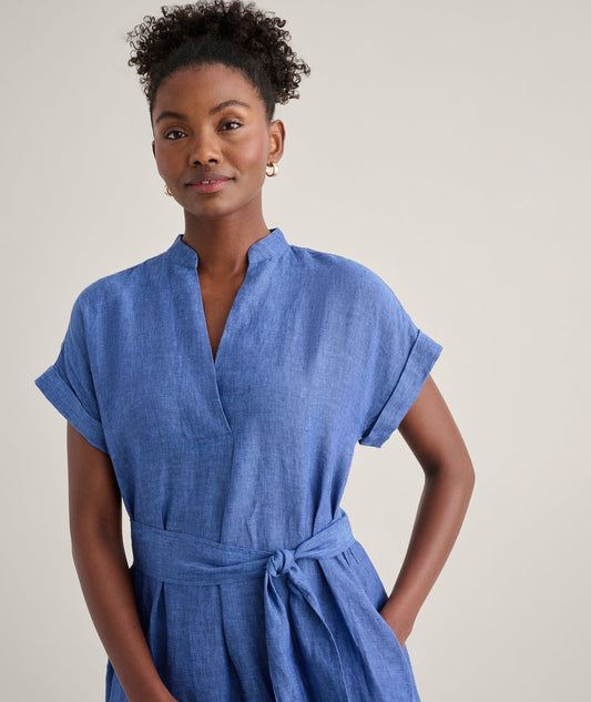 navy relaxed linen dress, side view