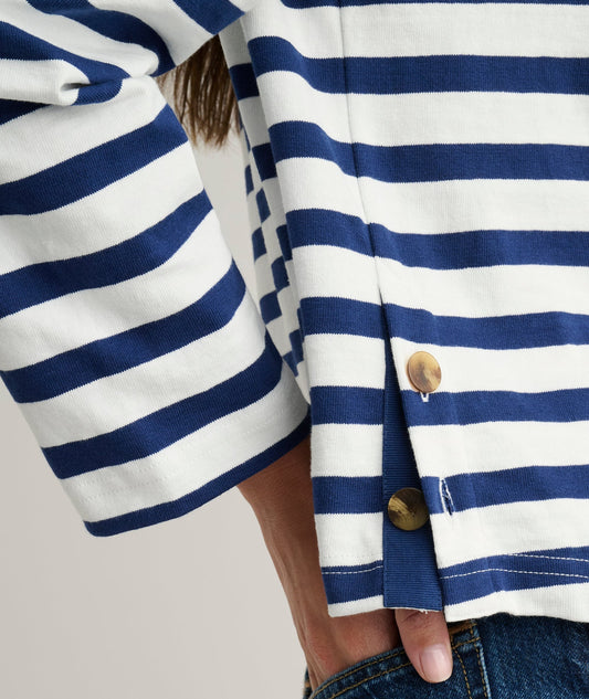 white boatneck striped tee, side view