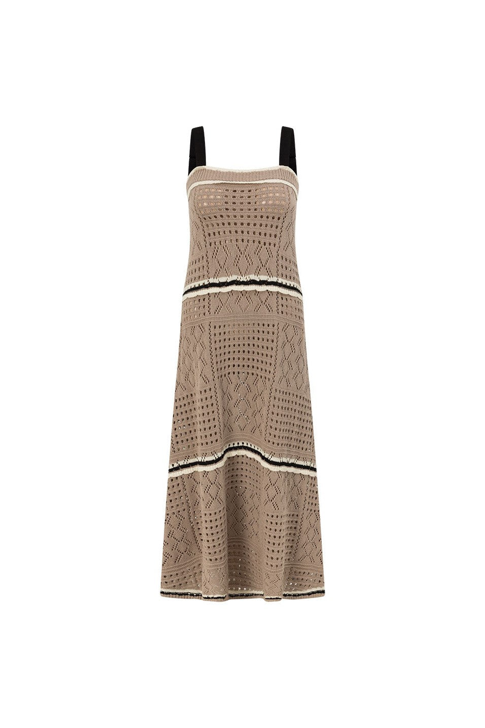 Brown maxi dress with an A-line skirt, back view