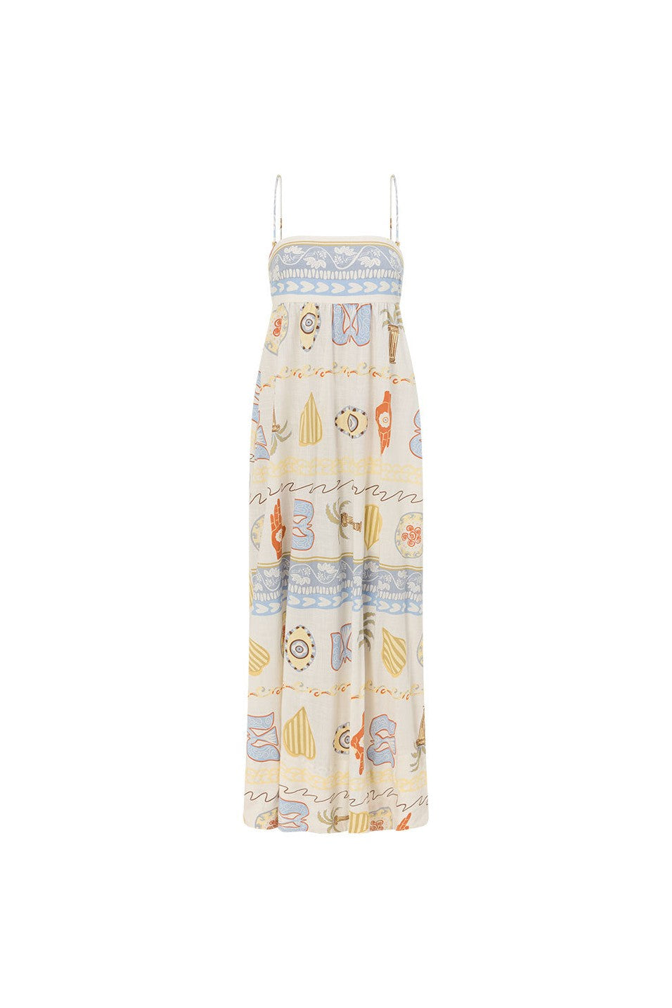 Blue maxi dress with a round neckline, side view