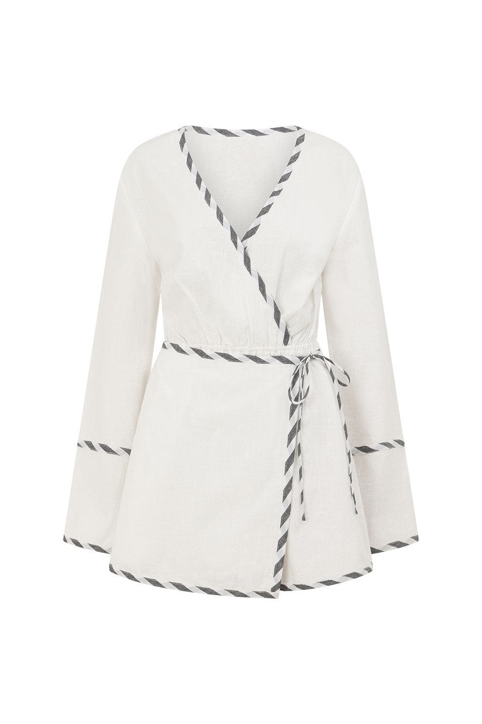 White mini dress with a wrap silhouette, back view