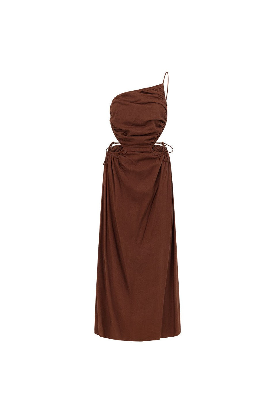 Brown maxi dress with an open back, side view