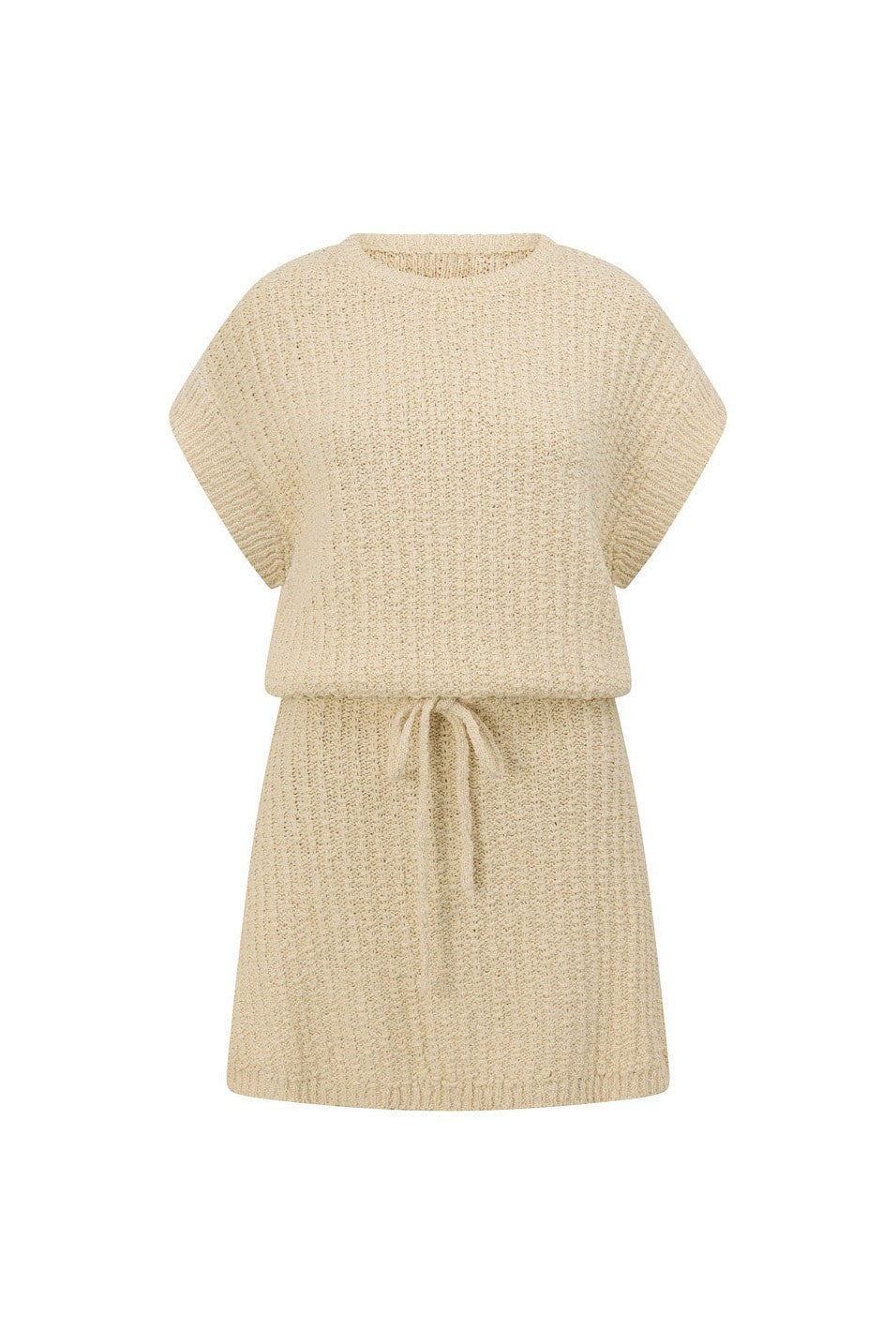 Beige mini dress with a round neckline, front view