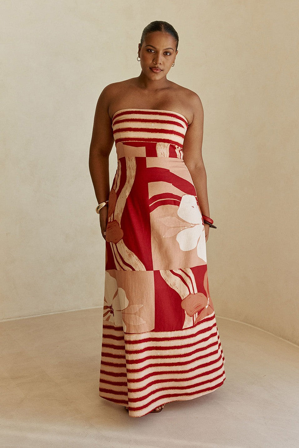 Pink maxi dress with a strapless neckline, back view