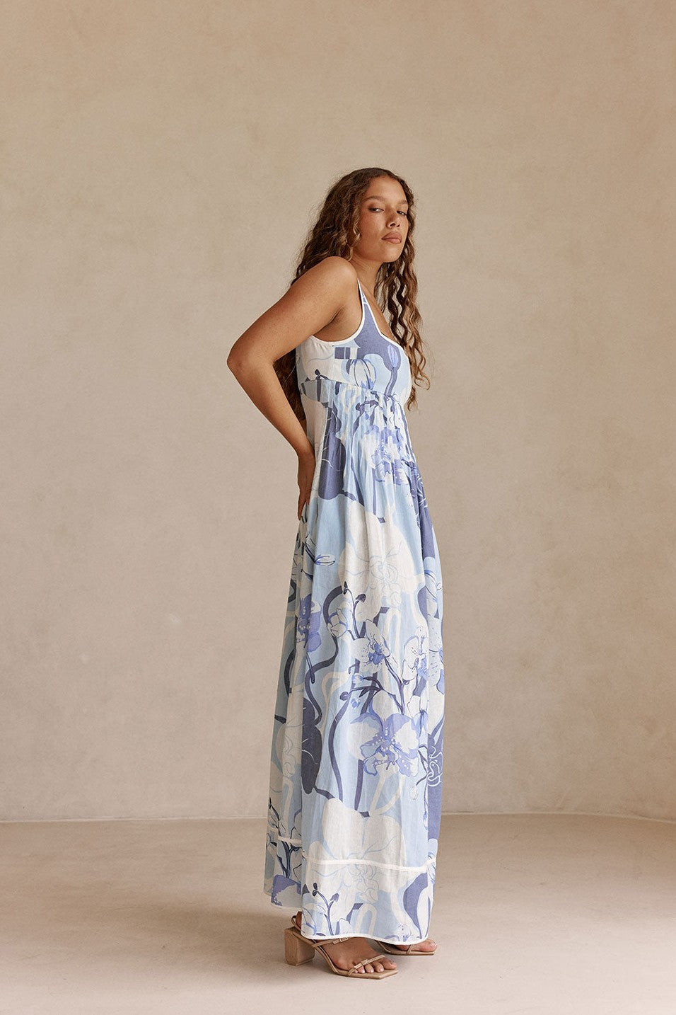 Blue maxi dress with an A-line skirt, detail view
