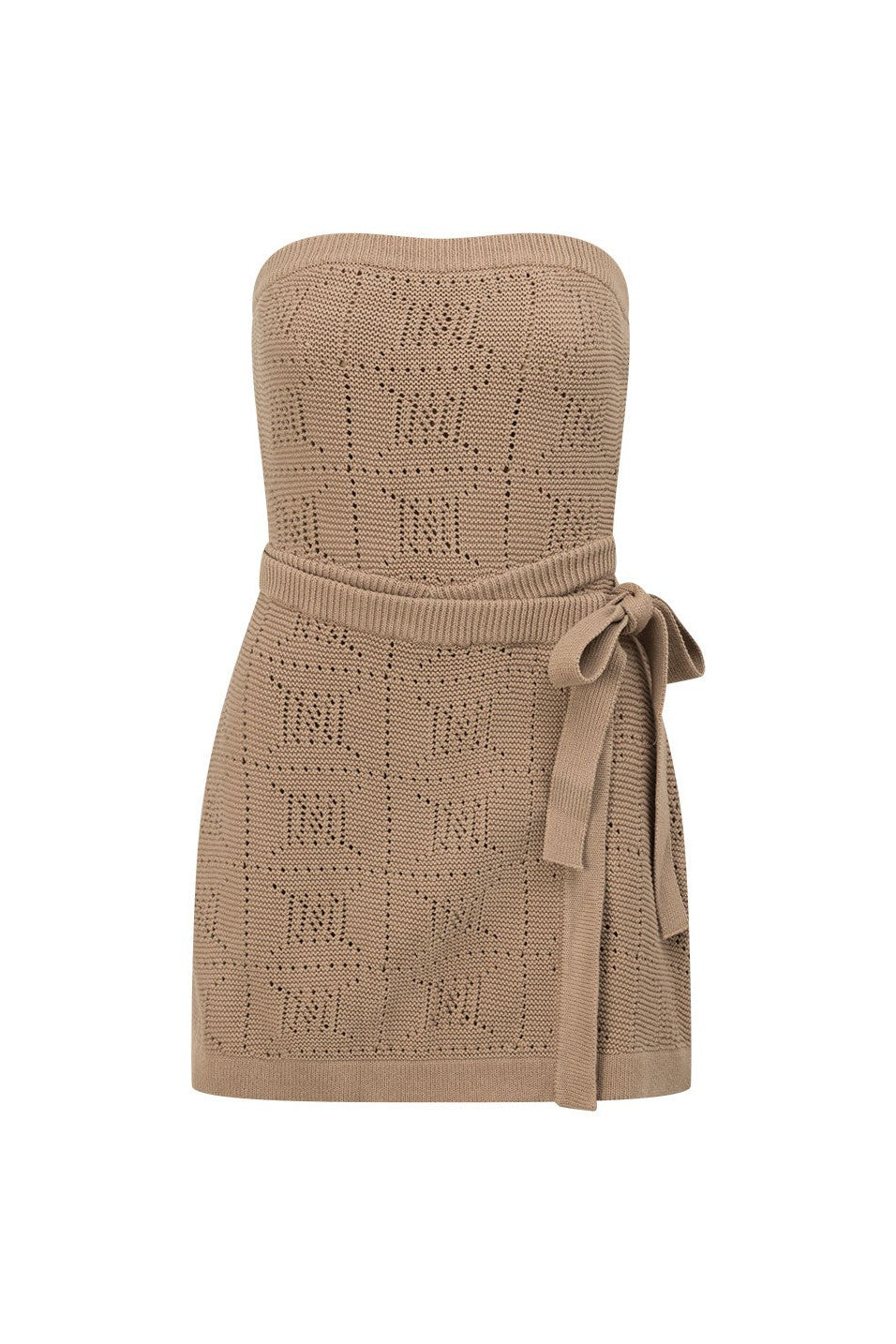 Brown mini dress with a wrap silhouette, back view