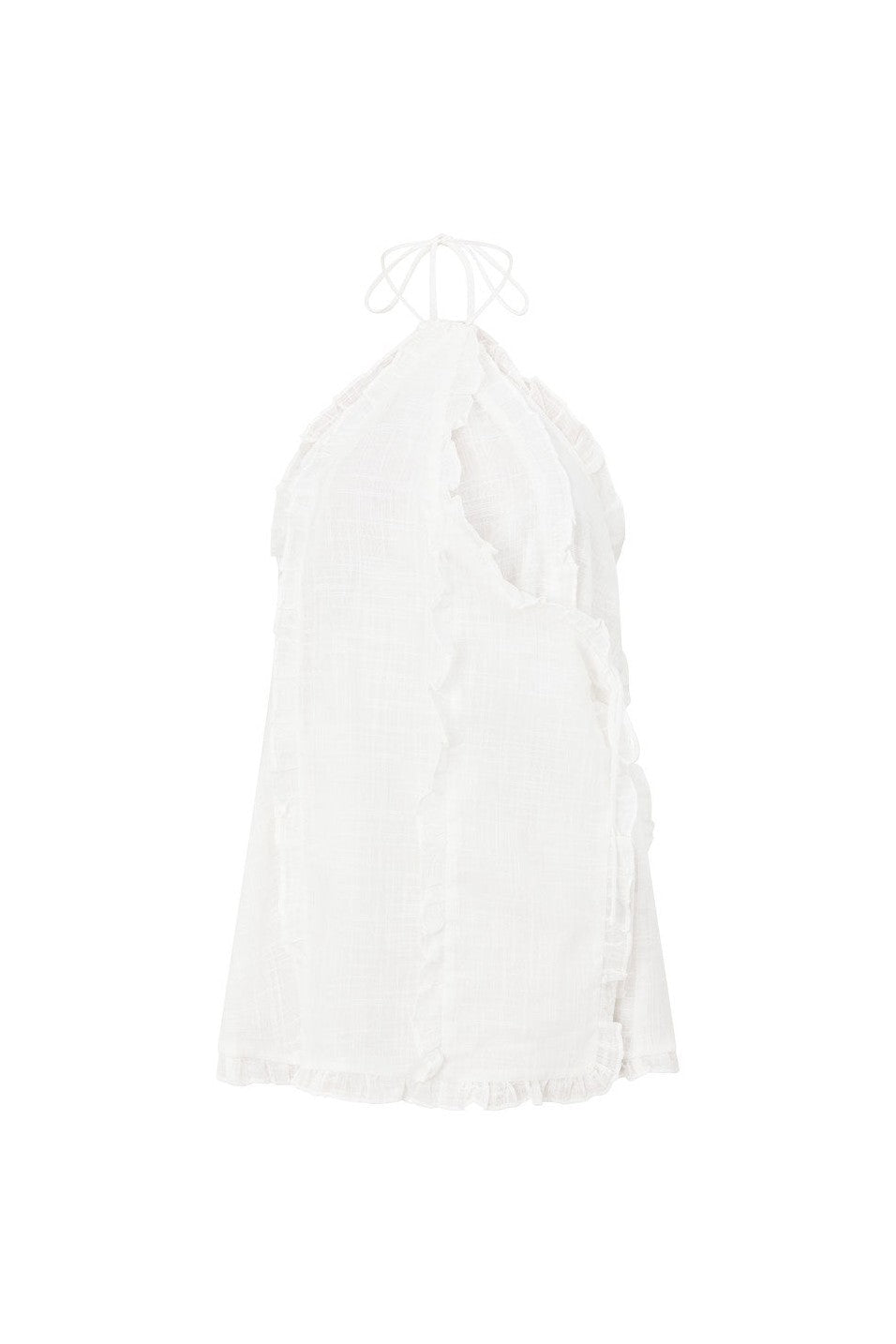 White mini dress with a halter neckline, front view