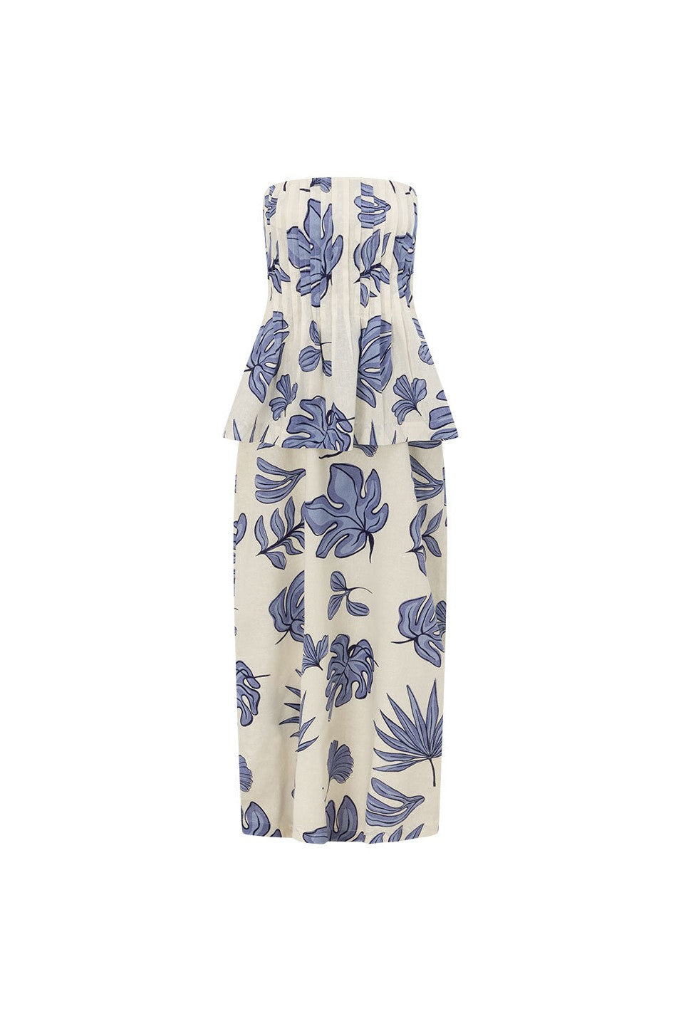 Blue maxi dress with a strapless neckline, back view