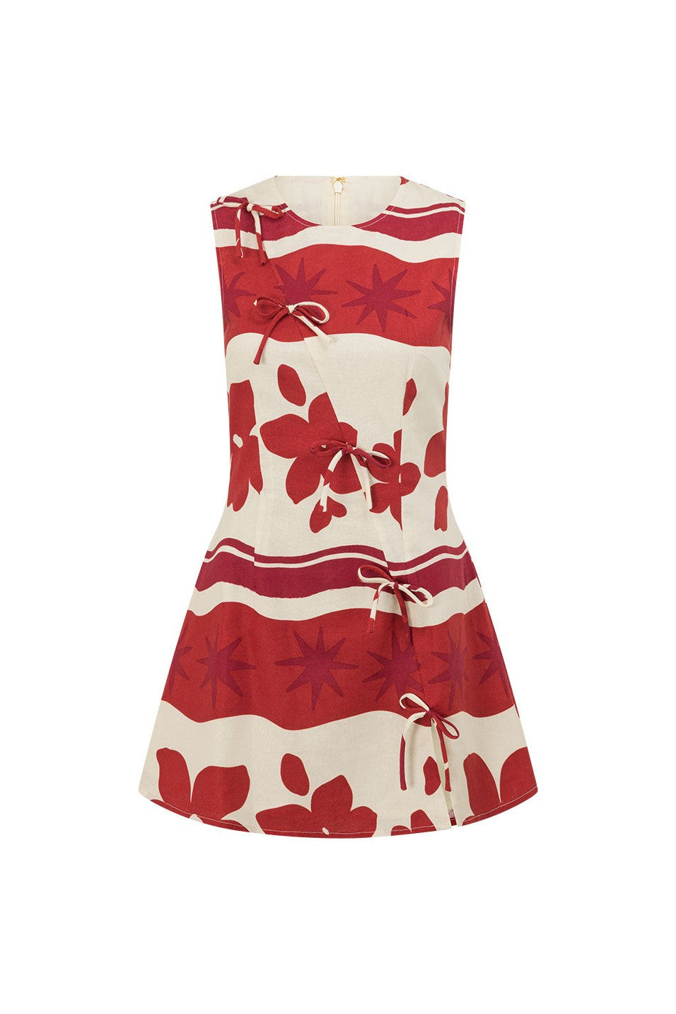 Red mini dress with a round neckline, back view