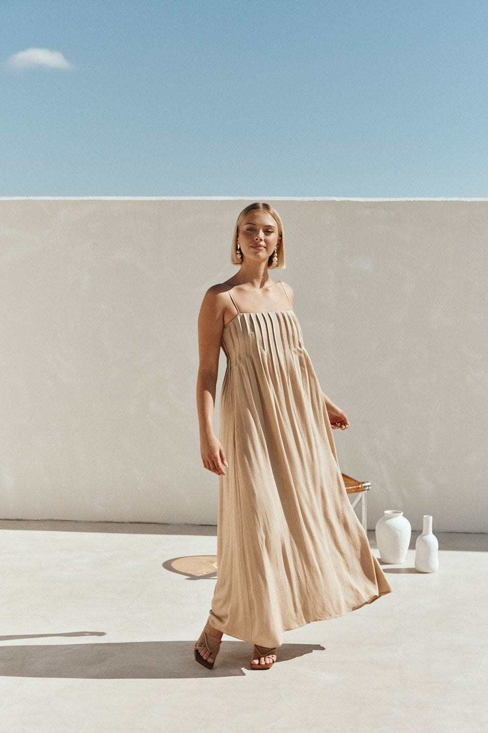 Tan maxi dress, front view