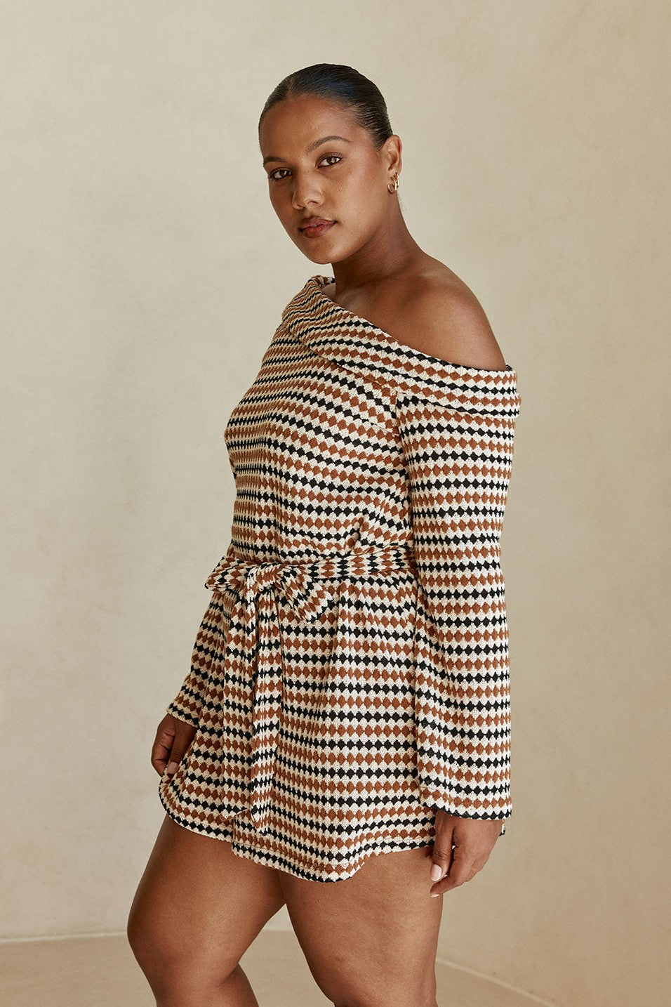 Brown mini dress, styled on model