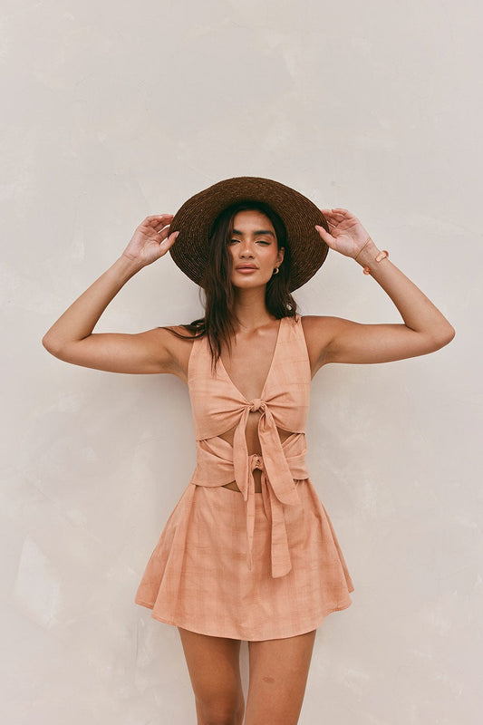 Orange mini dress with a V neckline, front view