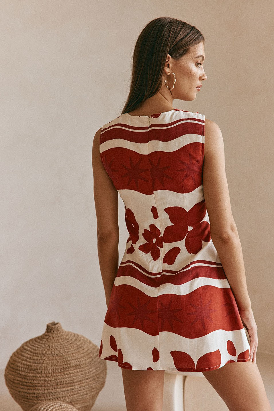 Red mini dress with a round neckline, front view