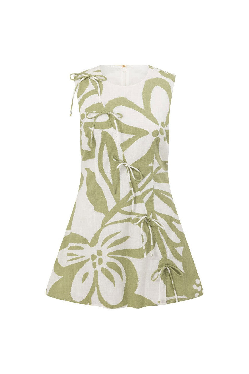 Green mini dress with a round neckline, back view