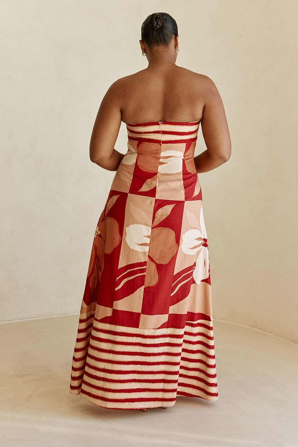 Pink maxi dress with a strapless neckline, front view