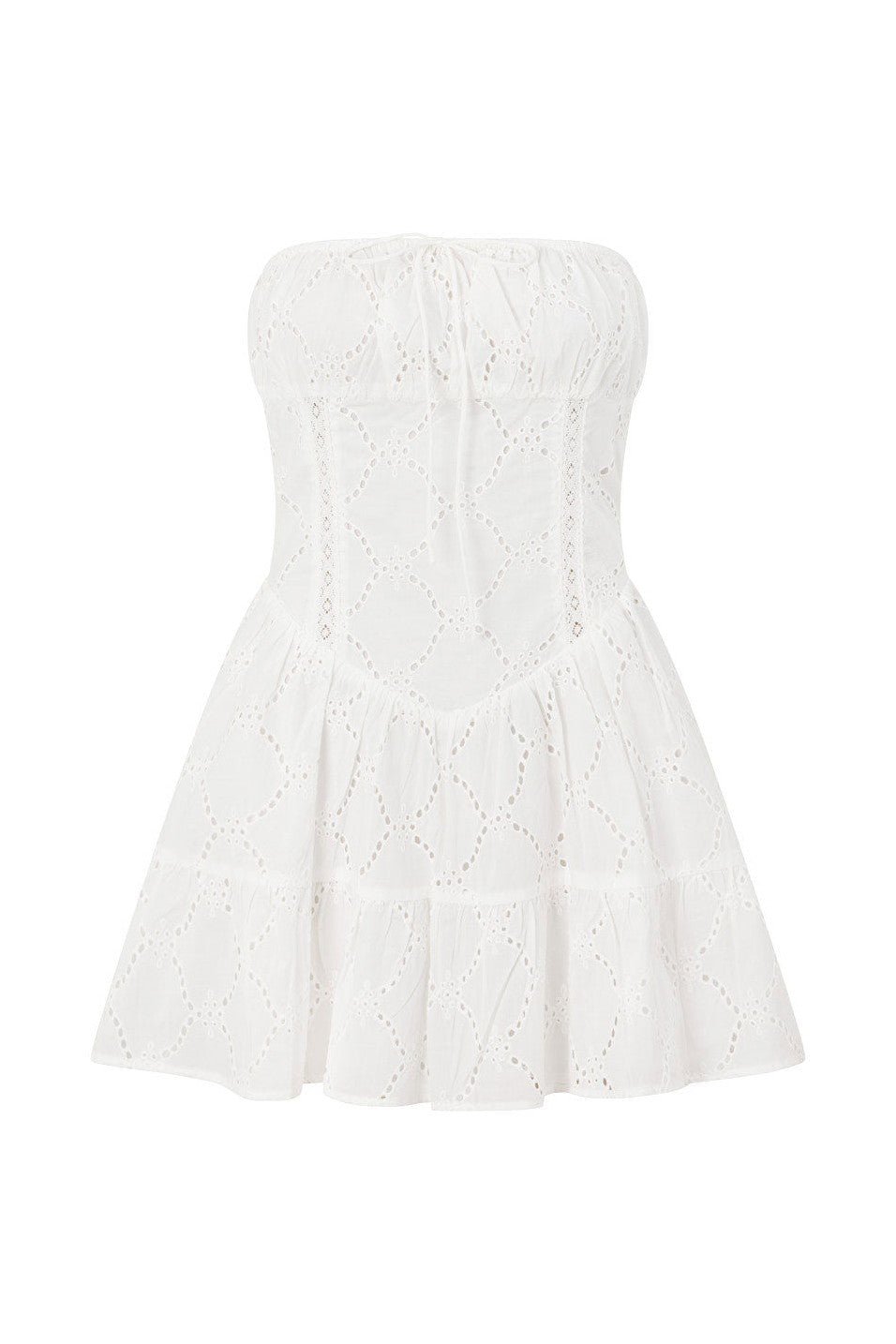 White mini dress with a strapless neckline, front view
