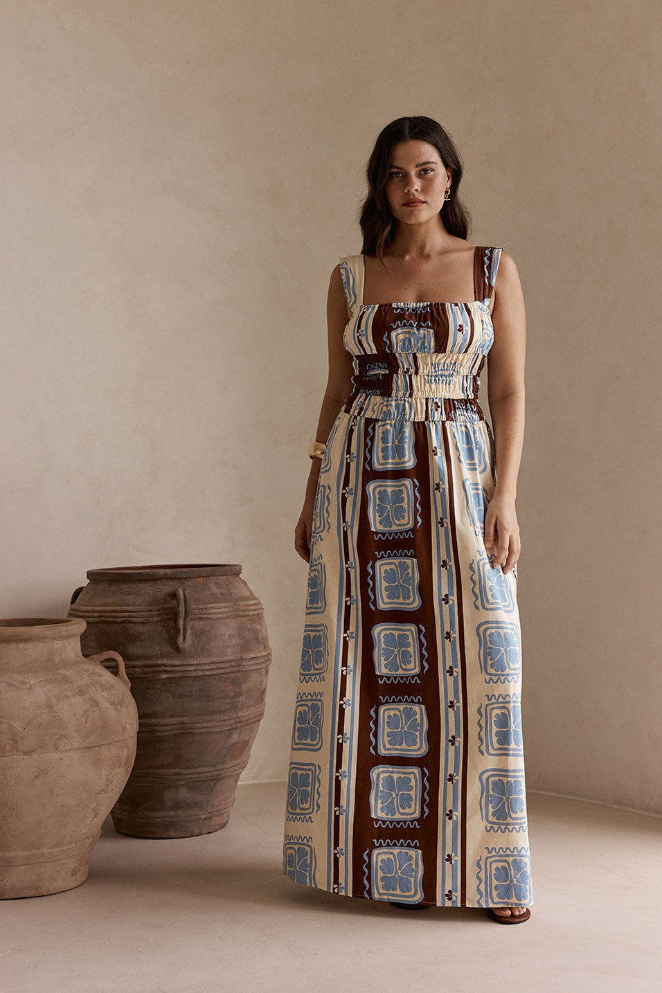 Cream maxi dress, styled on model