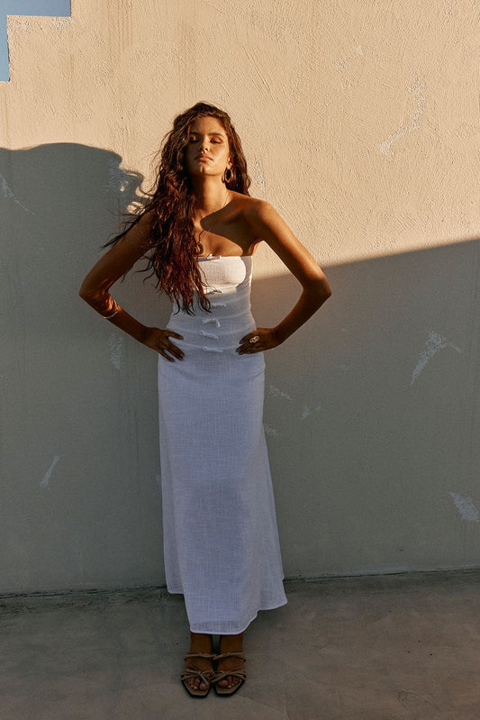 White maxi dress with a strapless neckline, front view