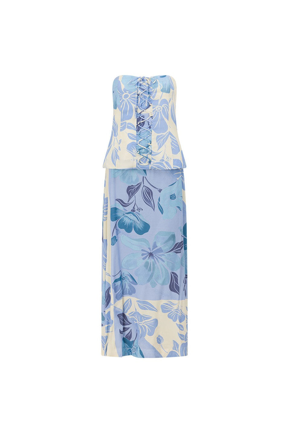 Blue maxi dress with a strapless neckline, back view