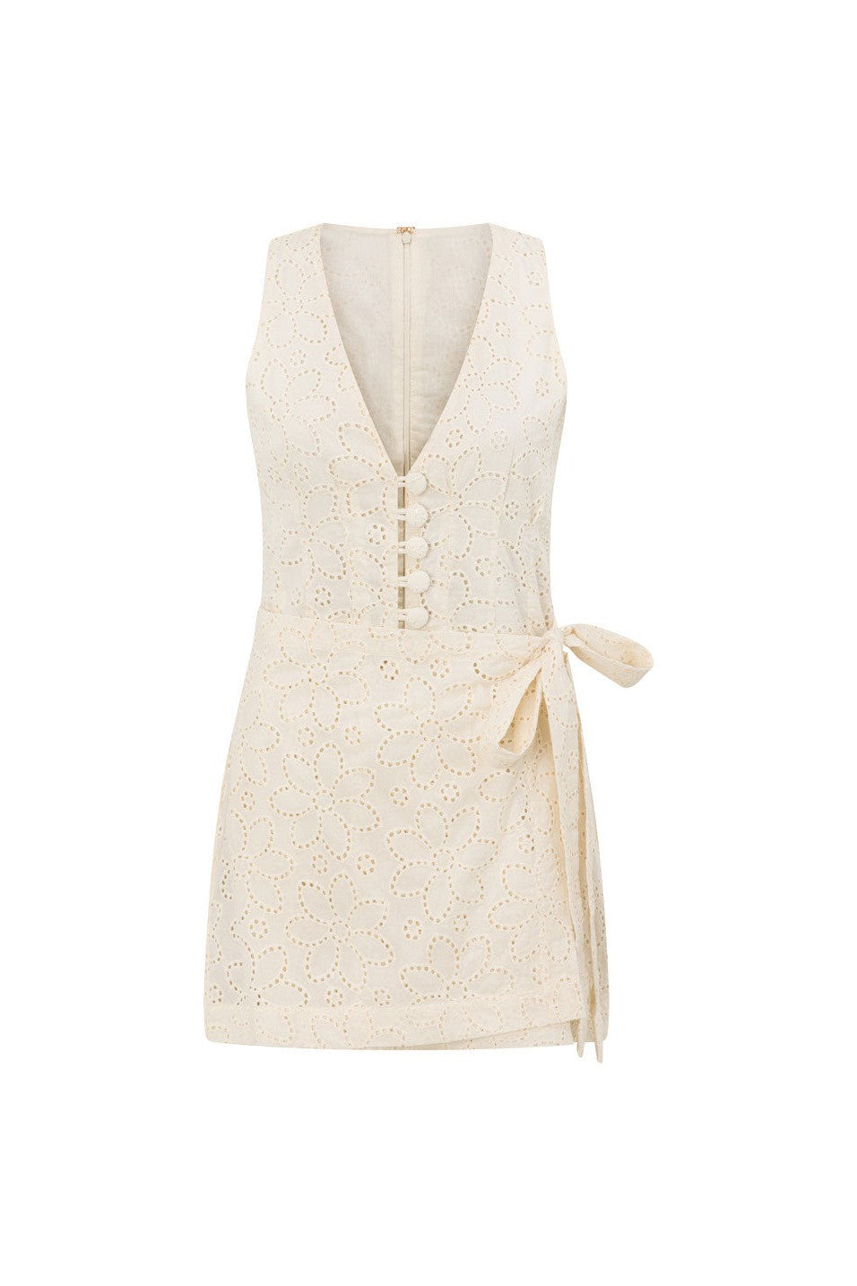 Beige mini dress with a V neckline, front view
