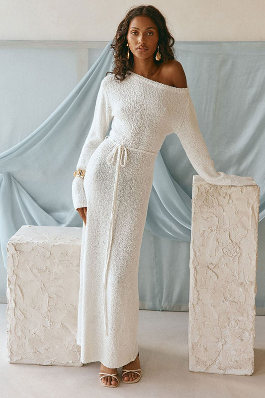 White maxi dress with an A-line skirt, front view