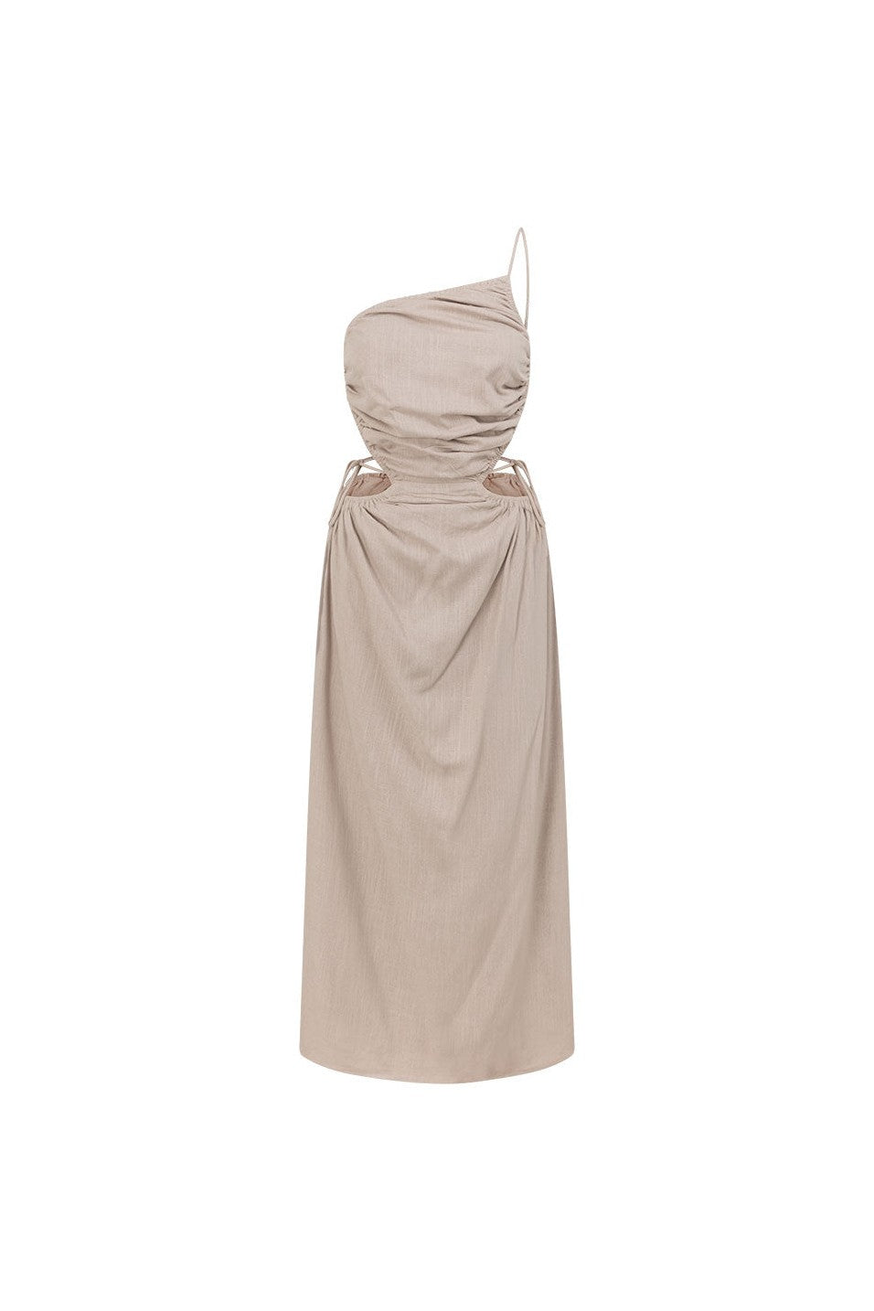 Grey maxi dress with an open back, back view