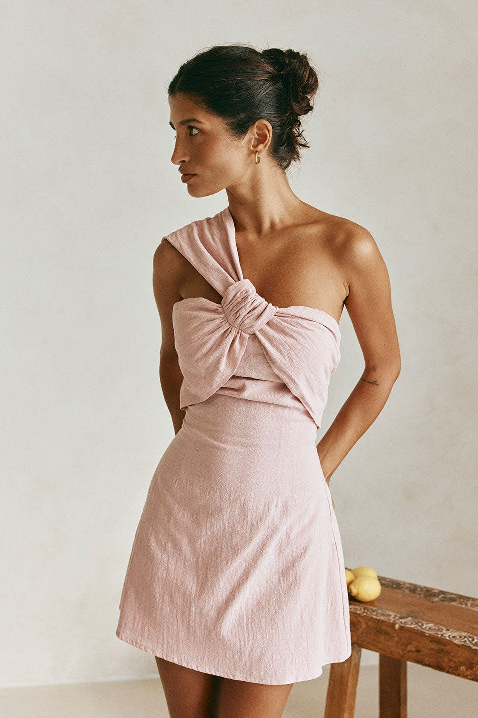 Pink mini dress, back view