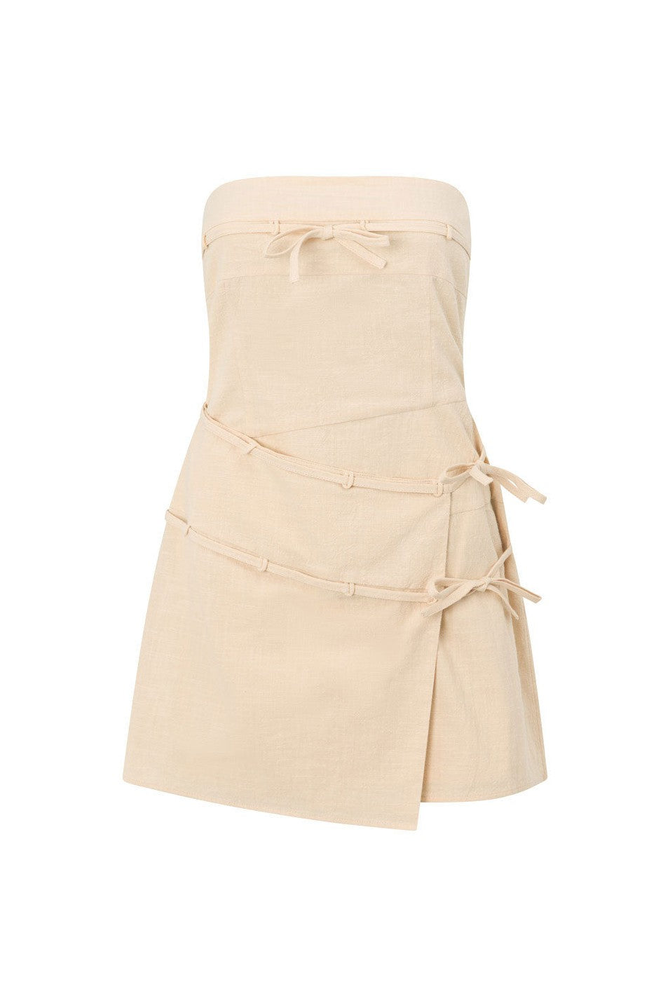 Beige mini dress with a strapless neckline, front view