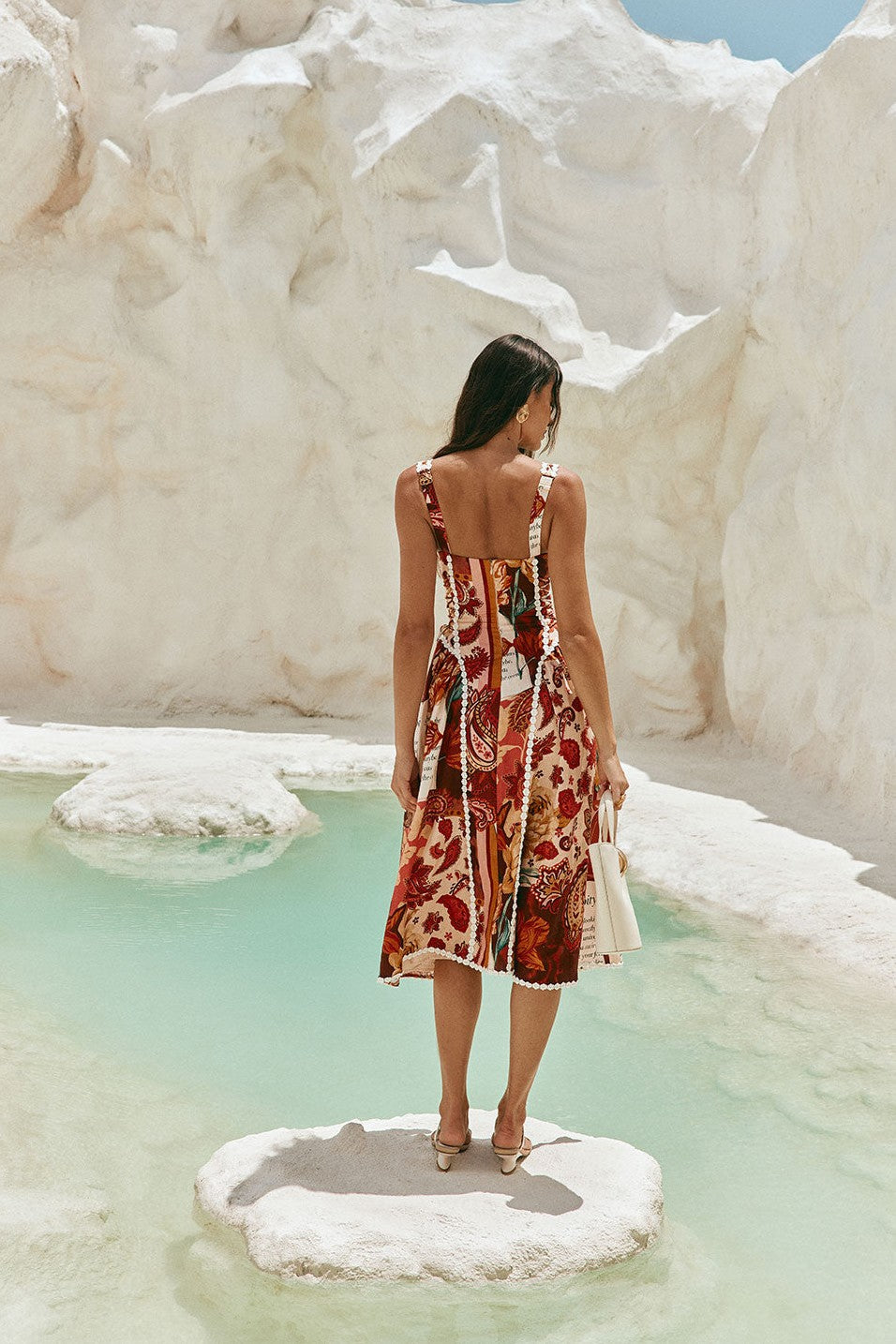 Red maxi dress, side view