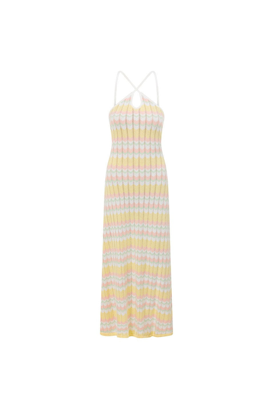 Yellow maxi dress with a halter neckline, front view