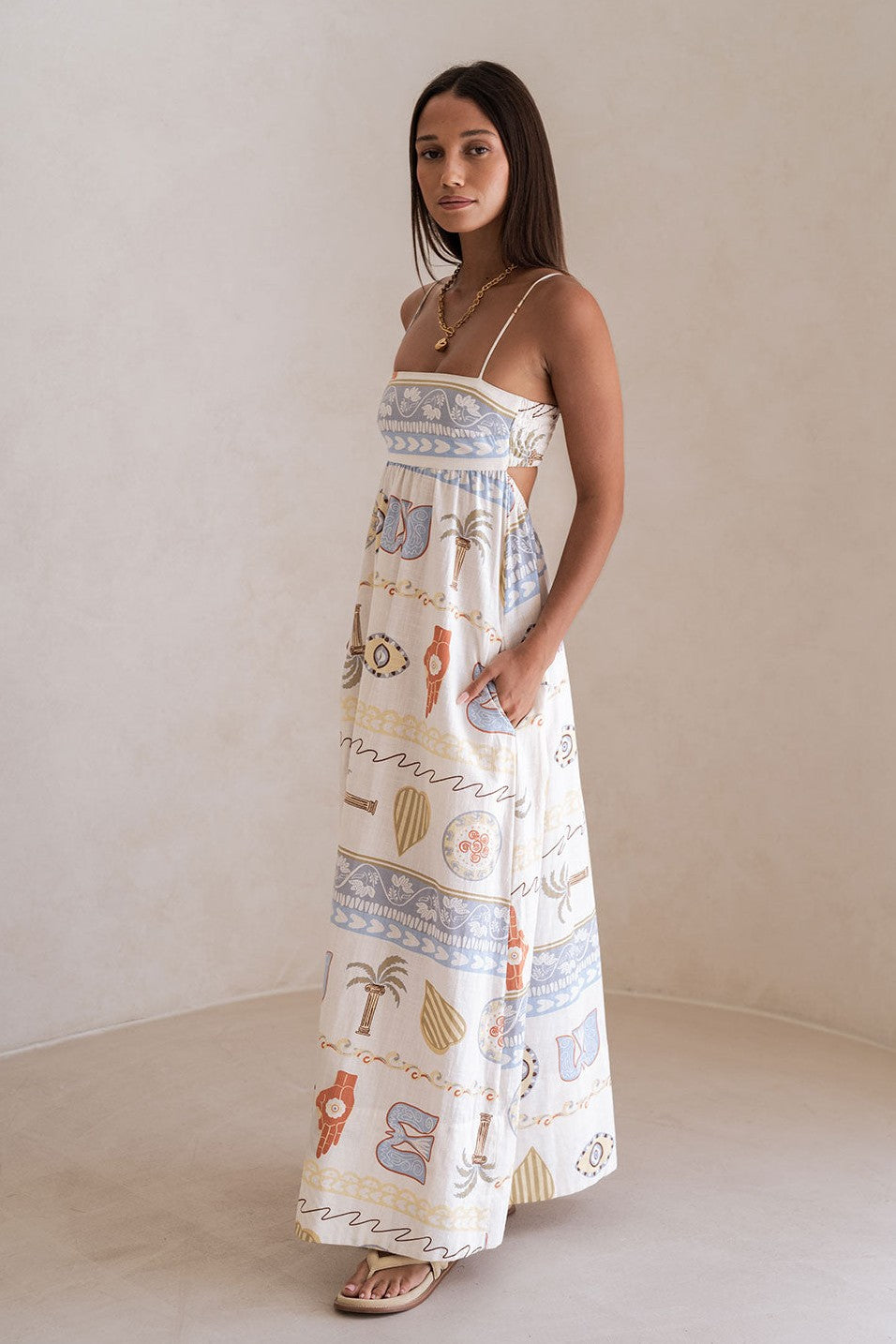 Blue maxi dress with a round neckline, front view