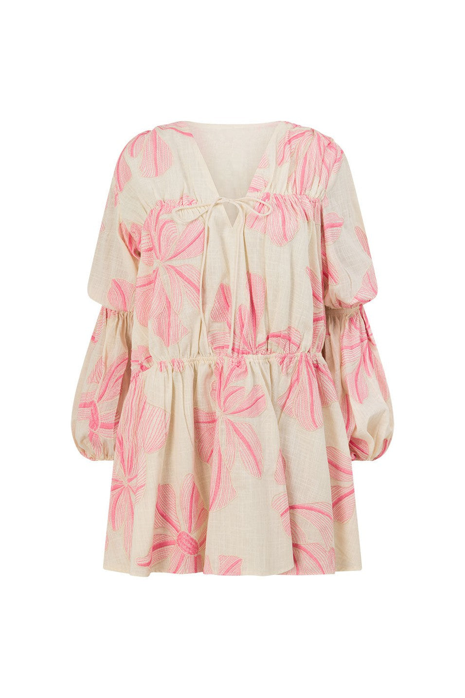 Pink mini dress with a V neckline, back view