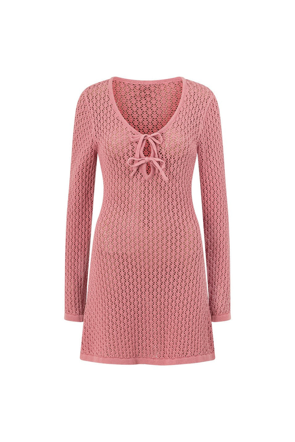 Pink mini dress with a V neckline, front view