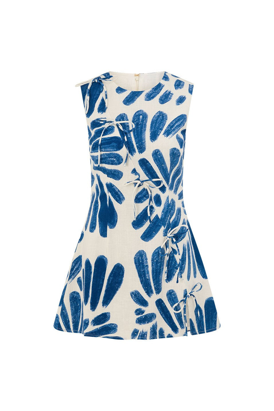 Blue mini dress with a round neckline, side view