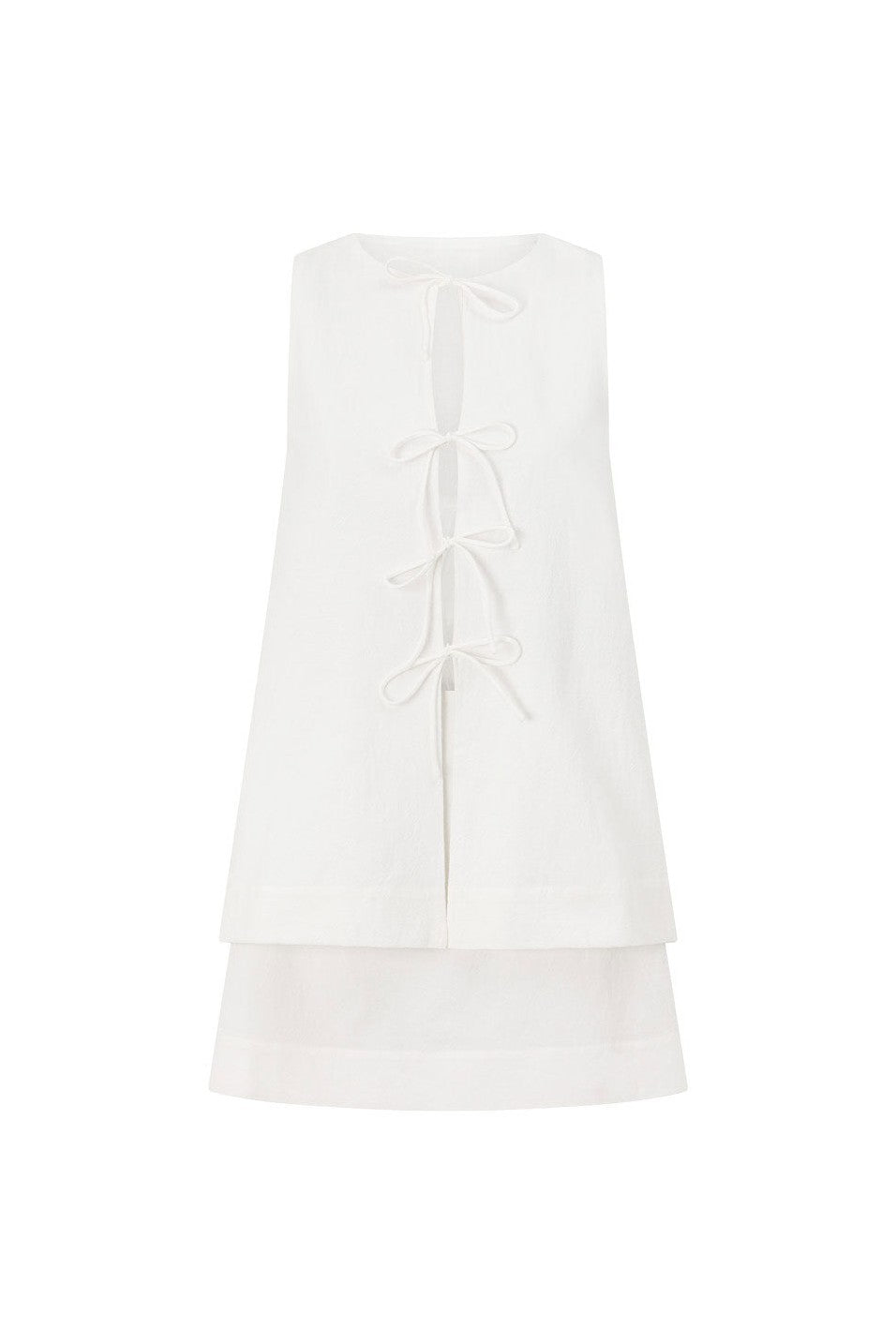 White mini dress with a side split, front view