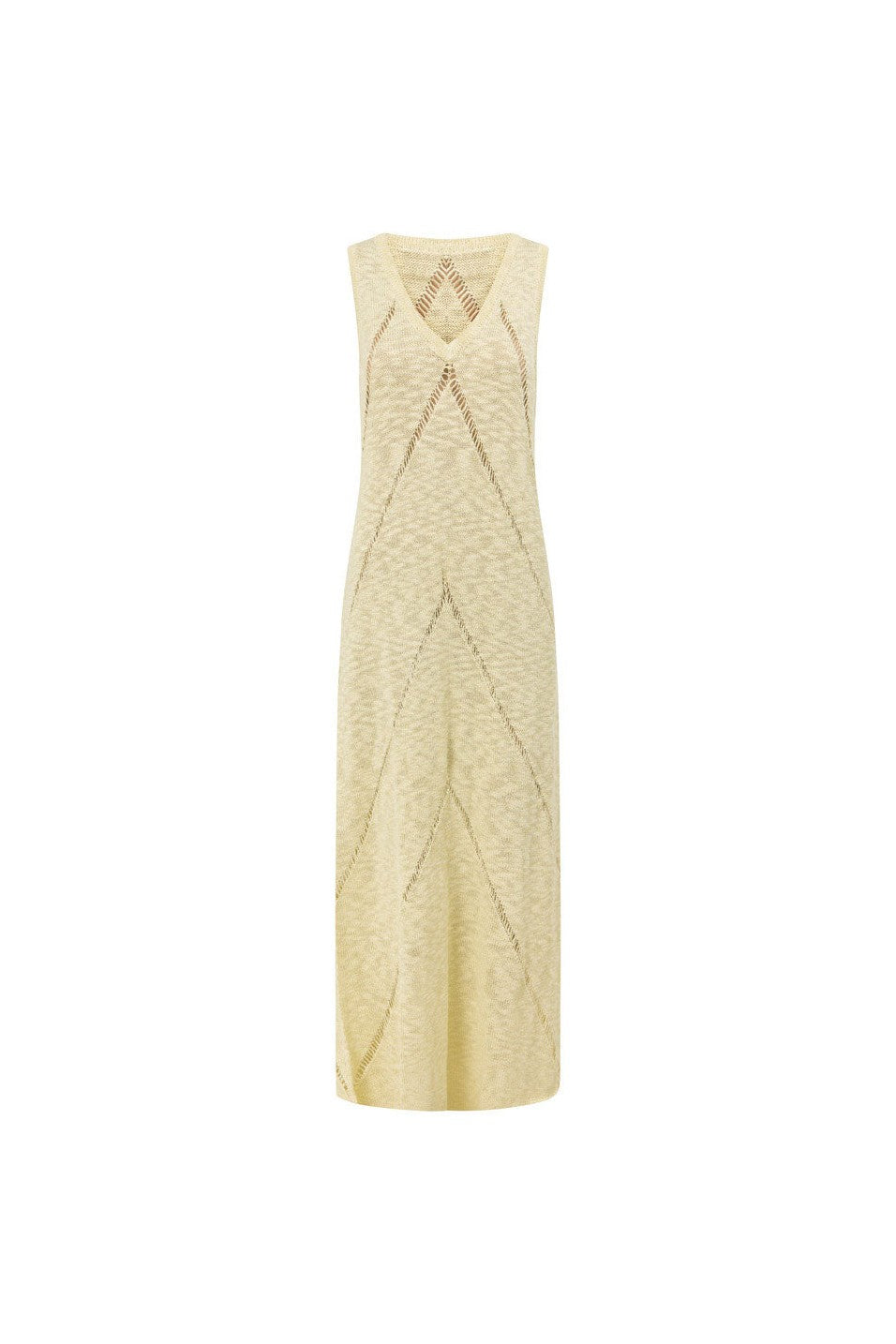 Yellow maxi dress with a strapless neckline, front view