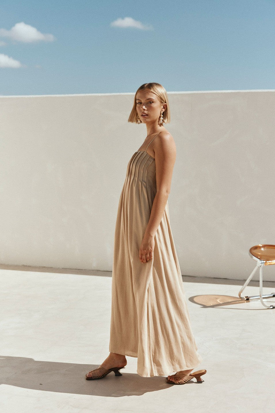 Tan maxi dress, styled on model