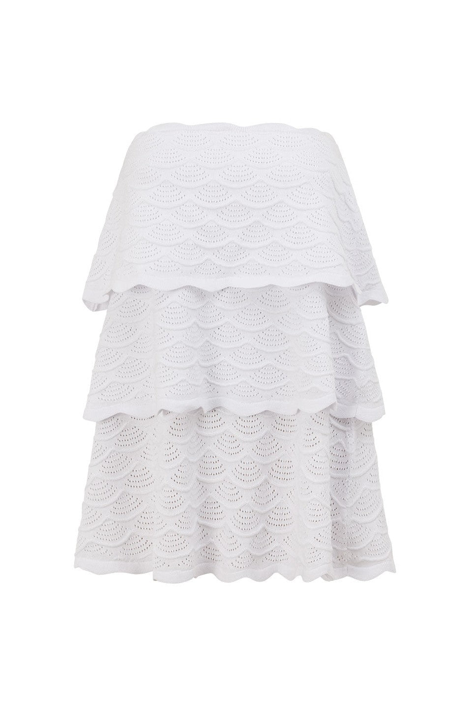 White mini dress with a strapless neckline, styled on model