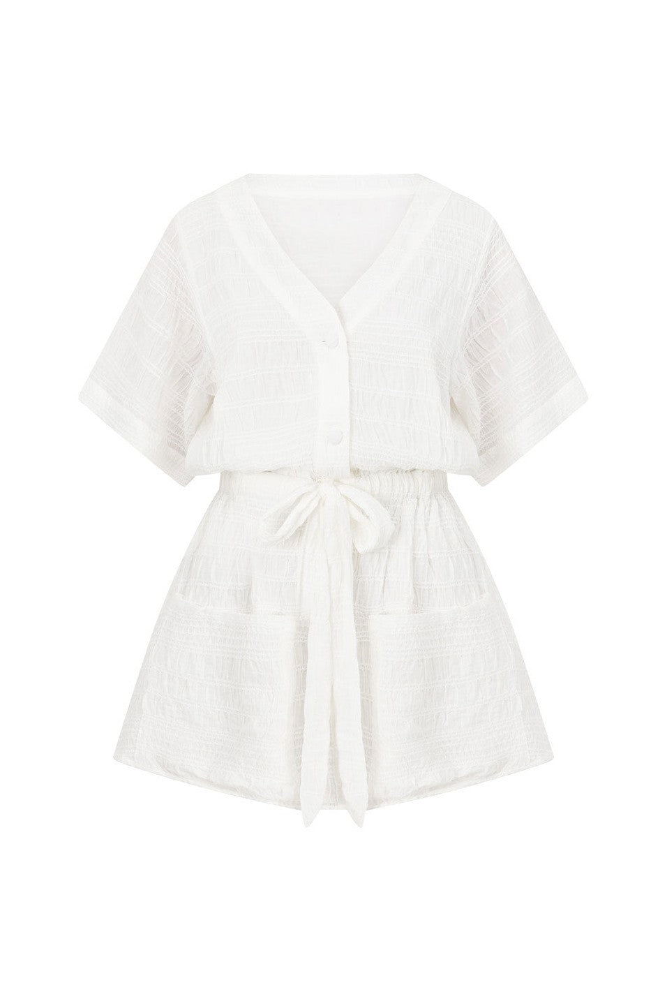 White mini dress with a V neckline, front view