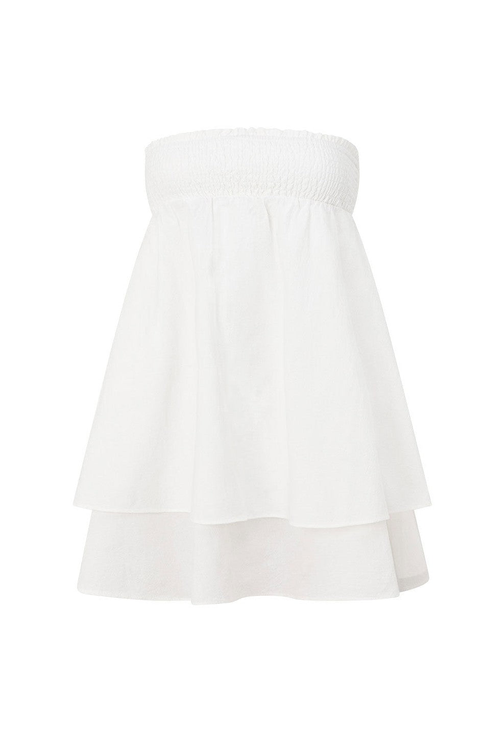 White mini dress with a strapless neckline, styled on model