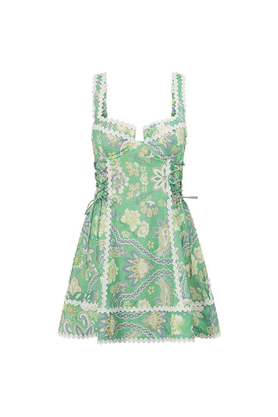 Green mini dress with an A-line skirt, side view