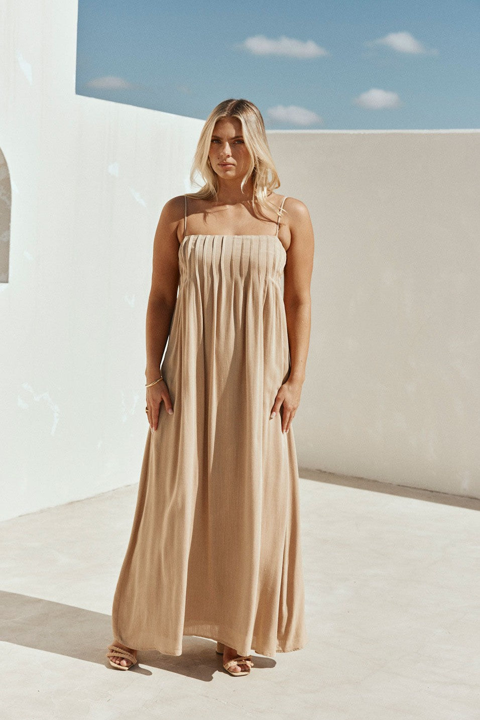 Tan maxi dress, back view