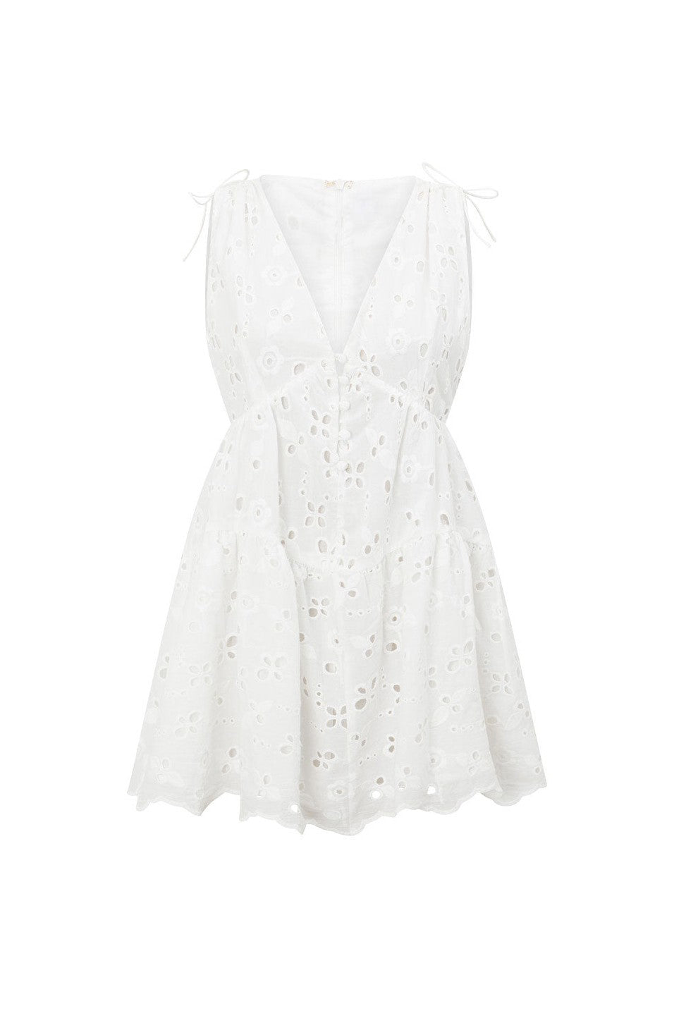 White mini dress with a V neckline, detail view